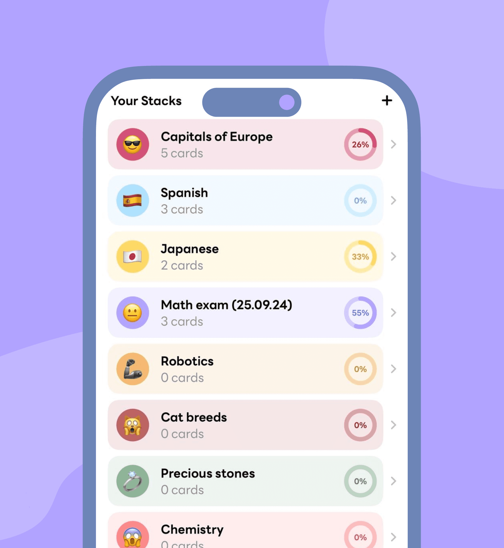 iPhone showing the Your Stacks list with pastel rows, emoji covers and progress rings